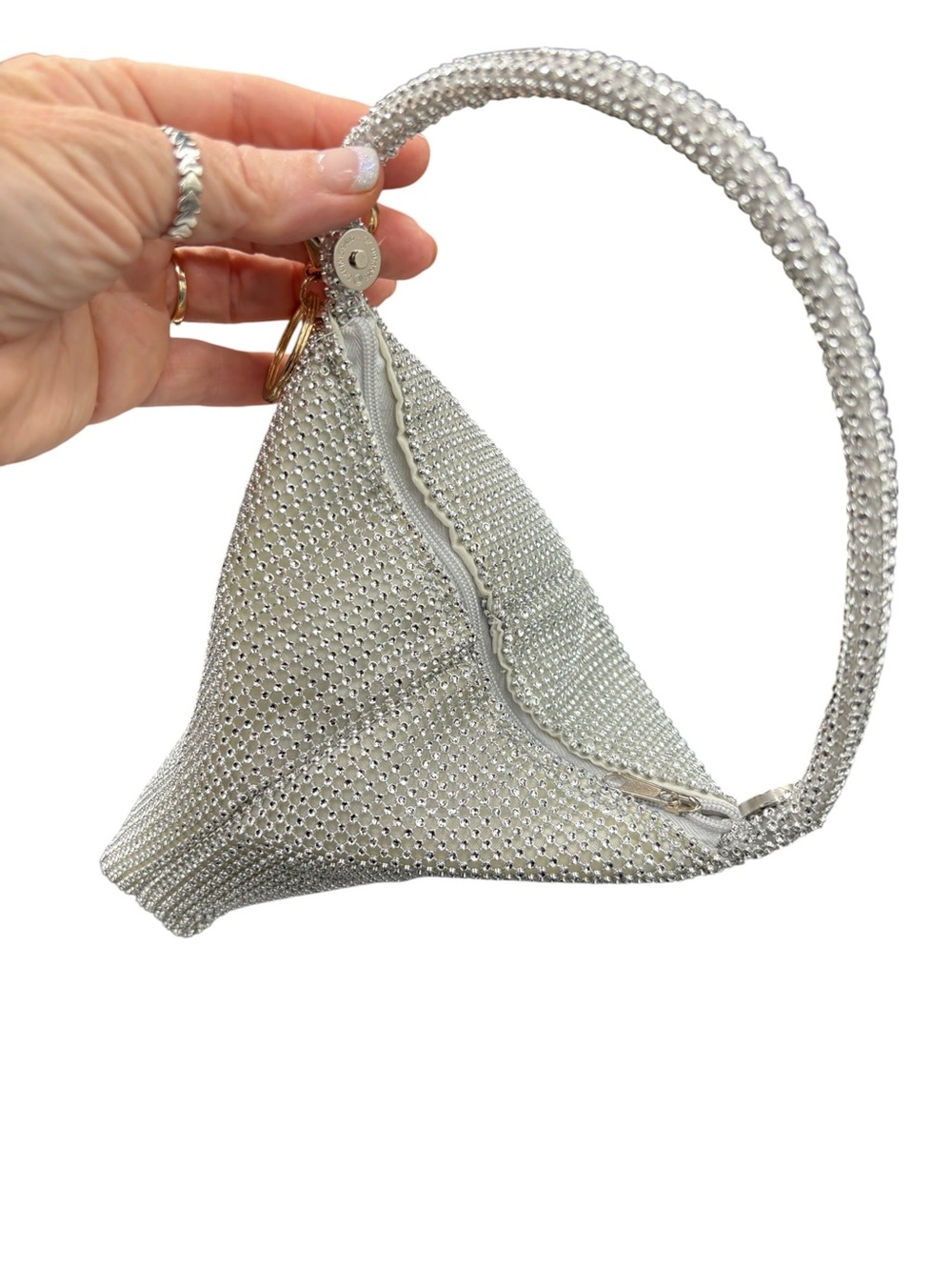 Silver Rhinestone Crystal Mesh Evening Bag Wristlet + Fox Charm Glam - Picture 6 of 7